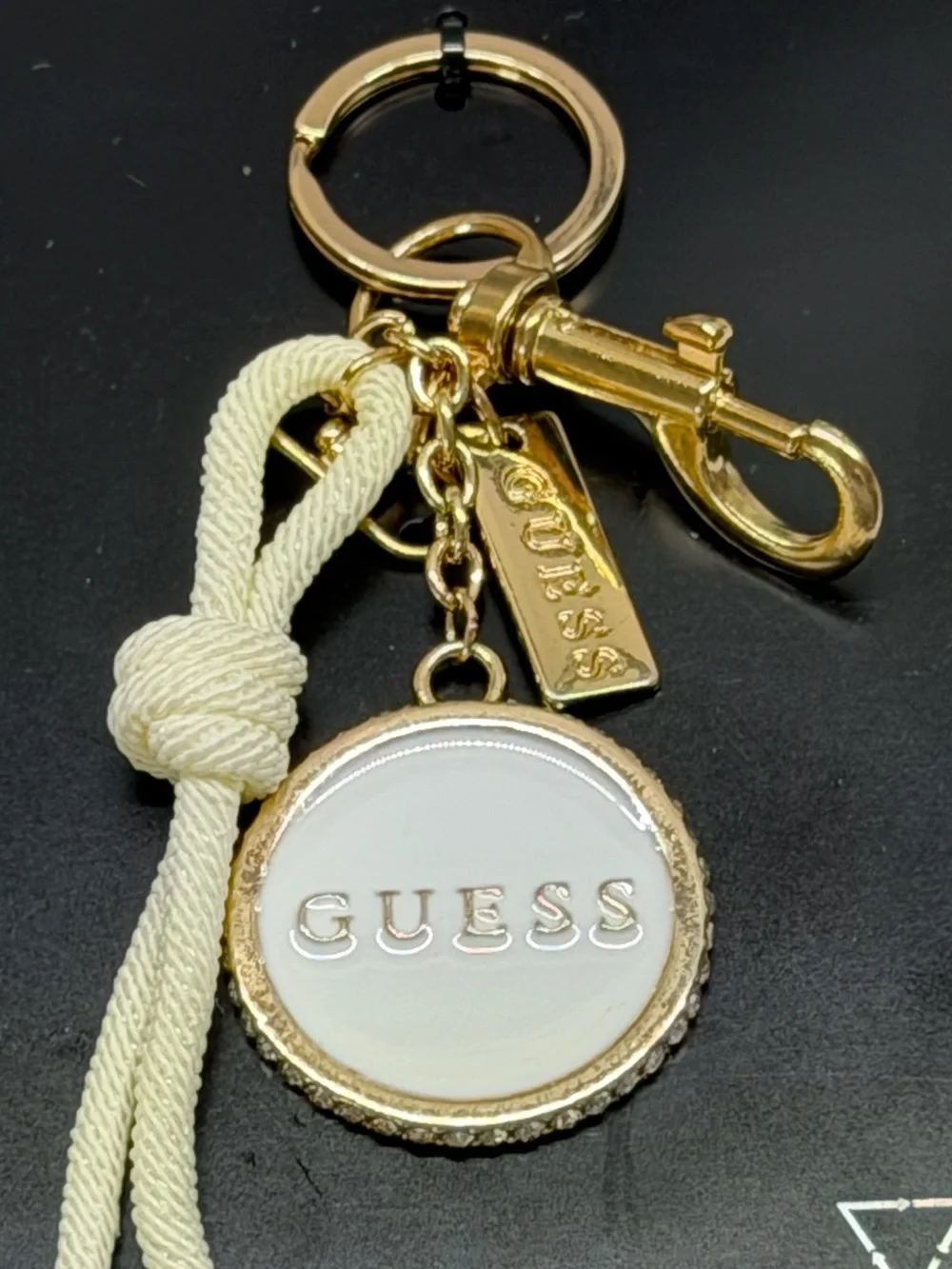 GUESS Gold & Cream Logo Keyring with Charm